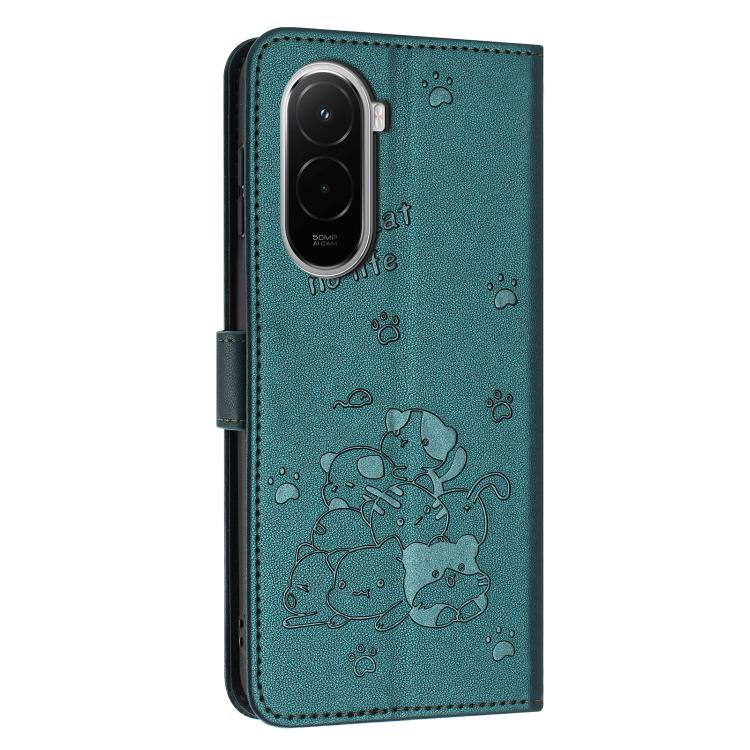 For Xiaomi Poco M7 4G 169mm Embossed Kitten Phone Leather Case with Lanyard