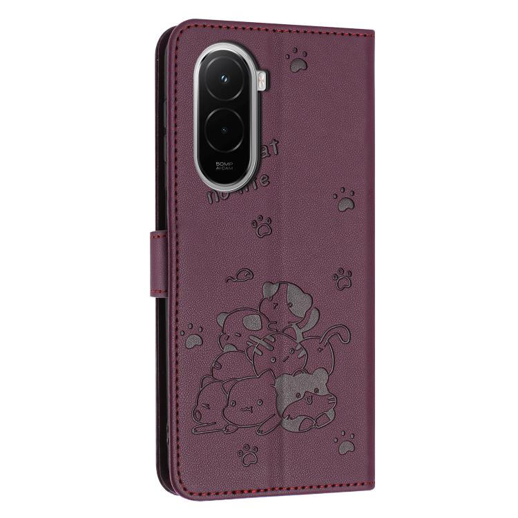 For Xiaomi Poco M7 4G 169mm Embossed Kitten Phone Leather Case with Lanyard