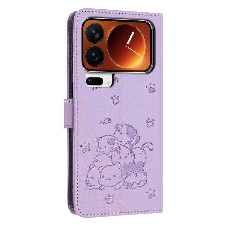 For Xiaomi 17 Pro Embossed Kitten Phone Leather Case with Lanyard