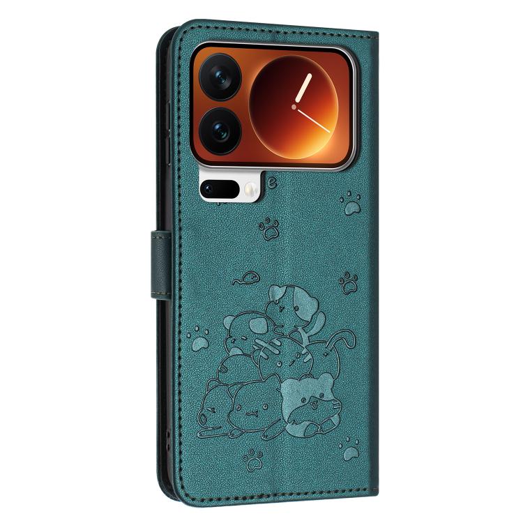 For Xiaomi 17 Pro Embossed Kitten Phone Leather Case with Lanyard