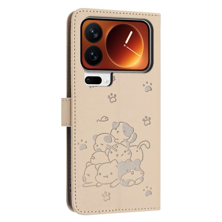 For Xiaomi 17 Pro Max Embossed Kitten Phone Leather Case with Lanyard