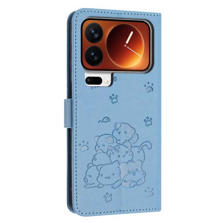 For Xiaomi 17 Pro Max Embossed Kitten Phone Leather Case with Lanyard