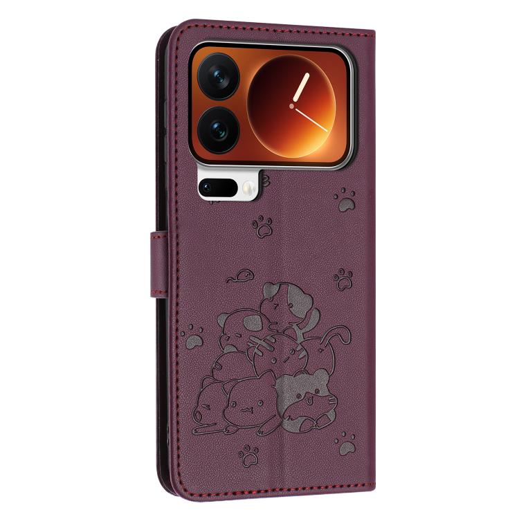 For Xiaomi 17 Pro Max Embossed Kitten Phone Leather Case with Lanyard