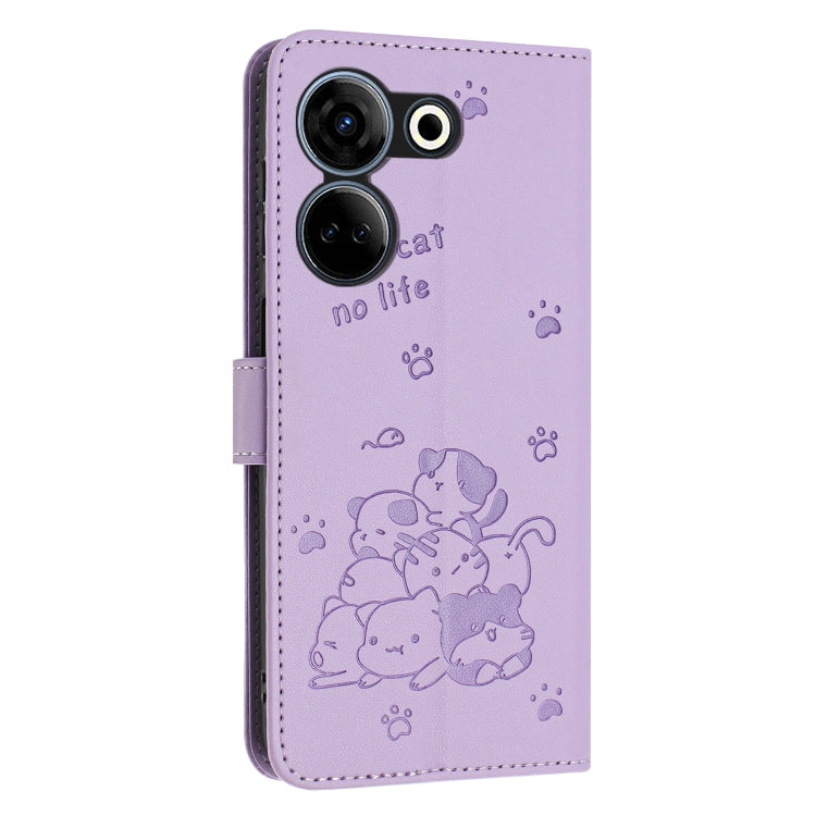 For Tecno Camon 20 Pro 4G / Camon 20 Embossed Kitten Phone Leather Case with Lanyard