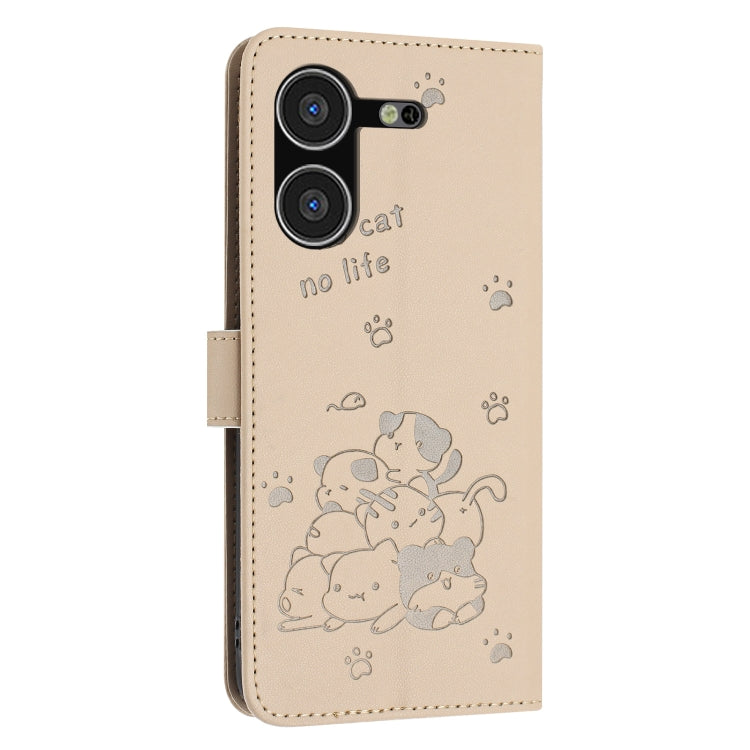 For Tecno Pova 5 Embossed Kitten Phone Leather Case with Lanyard