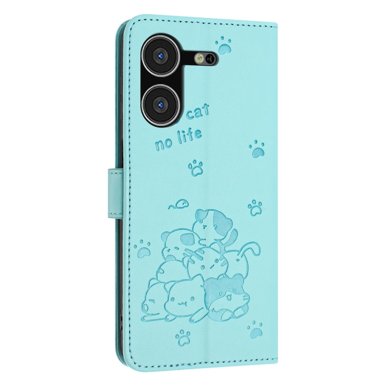 For Tecno Pova 5 Embossed Kitten Phone Leather Case with Lanyard
