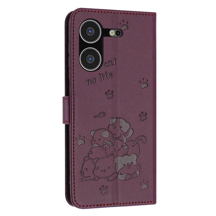 For Tecno Pova 5 Embossed Kitten Phone Leather Case with Lanyard