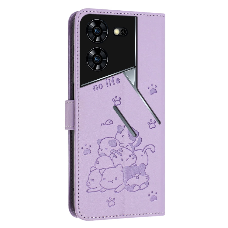 For Tecno Pova 5 Pro Embossed Kitten Phone Leather Case with Lanyard