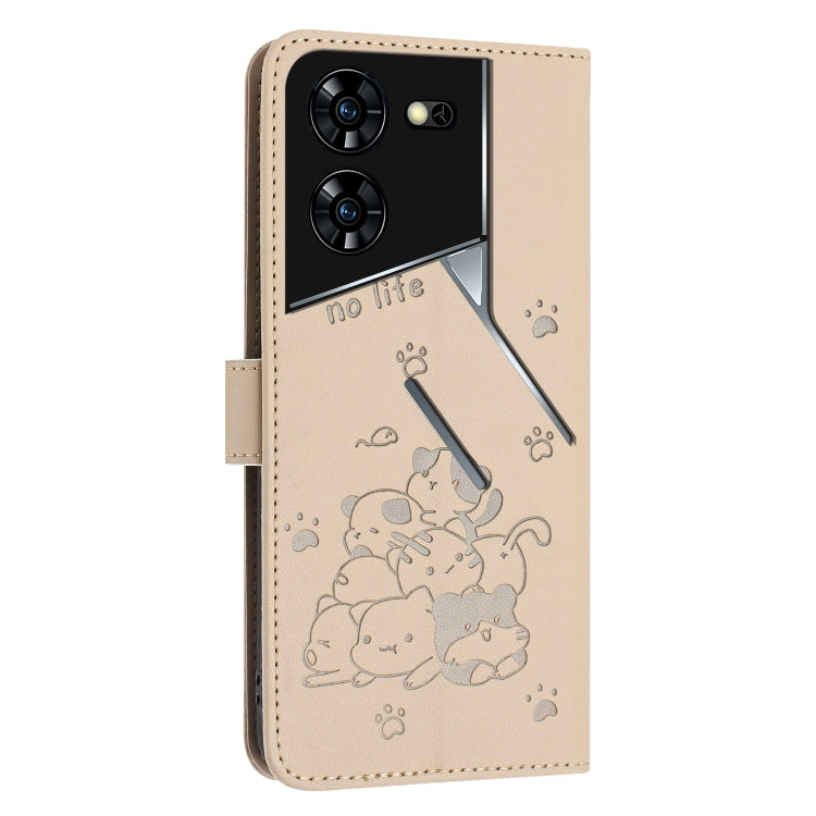 For Tecno Pova 5 Pro Embossed Kitten Phone Leather Case with Lanyard