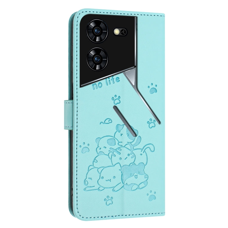 For Tecno Pova 5 Pro Embossed Kitten Phone Leather Case with Lanyard