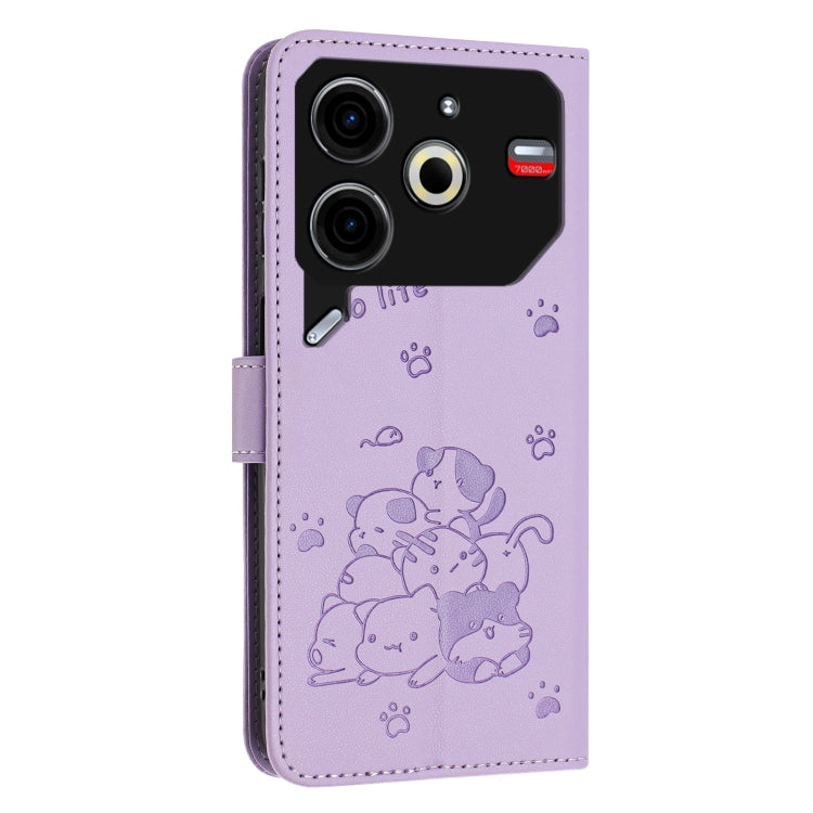 For Tecno Pova 6 Neo Embossed Kitten Phone Leather Case with Lanyard