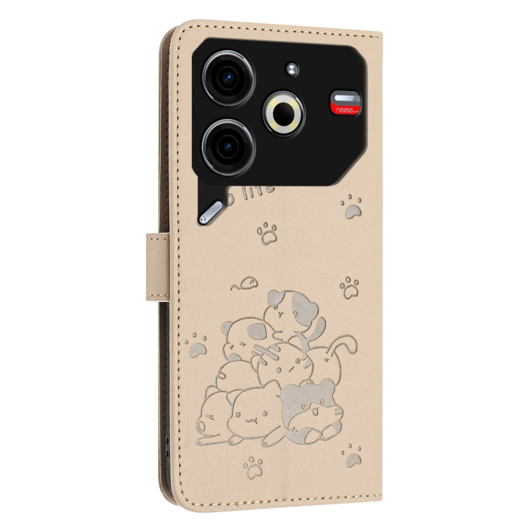 For Tecno Pova 6 Neo Embossed Kitten Phone Leather Case with Lanyard