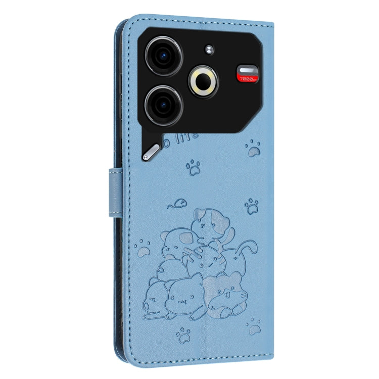 For Tecno Pova 6 Neo Embossed Kitten Phone Leather Case with Lanyard
