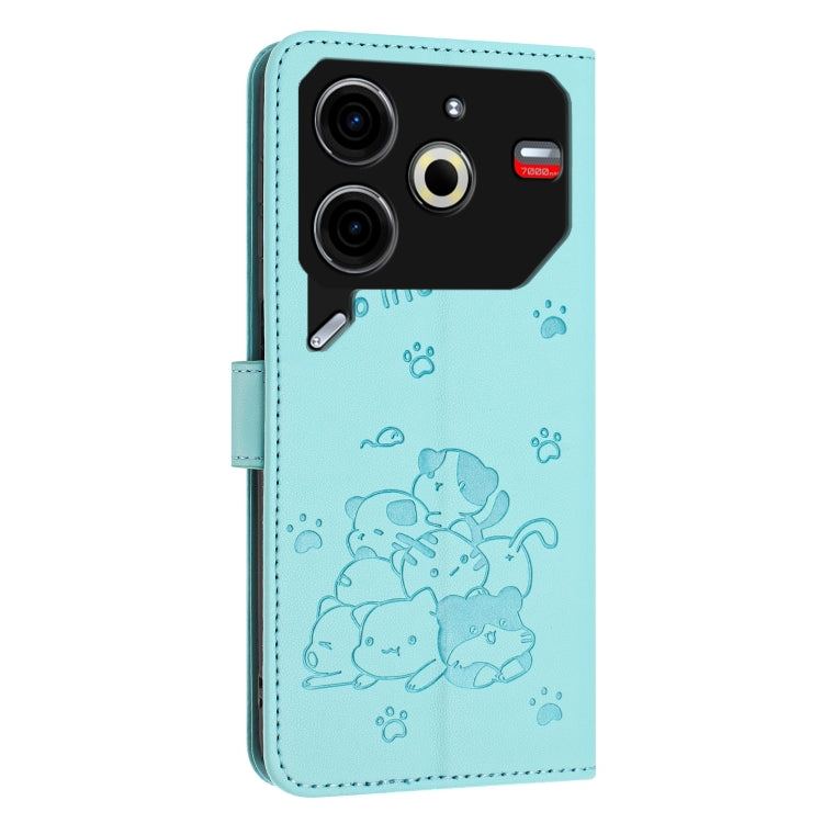 For Tecno Pova 6 Neo Embossed Kitten Phone Leather Case with Lanyard