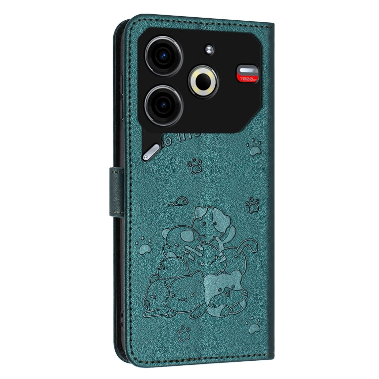 For Tecno Pova 6 Neo Embossed Kitten Phone Leather Case with Lanyard