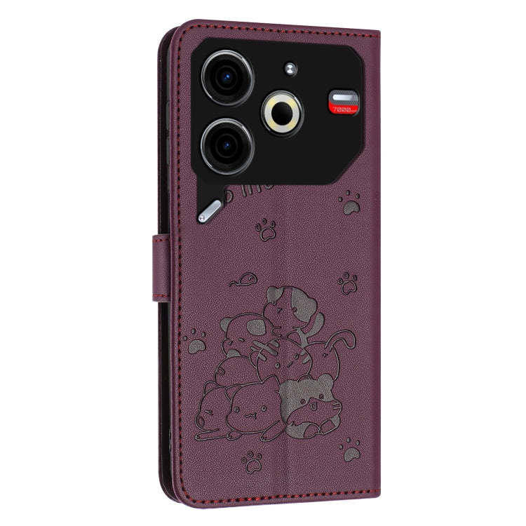 For Tecno Pova 6 Neo Embossed Kitten Phone Leather Case with Lanyard