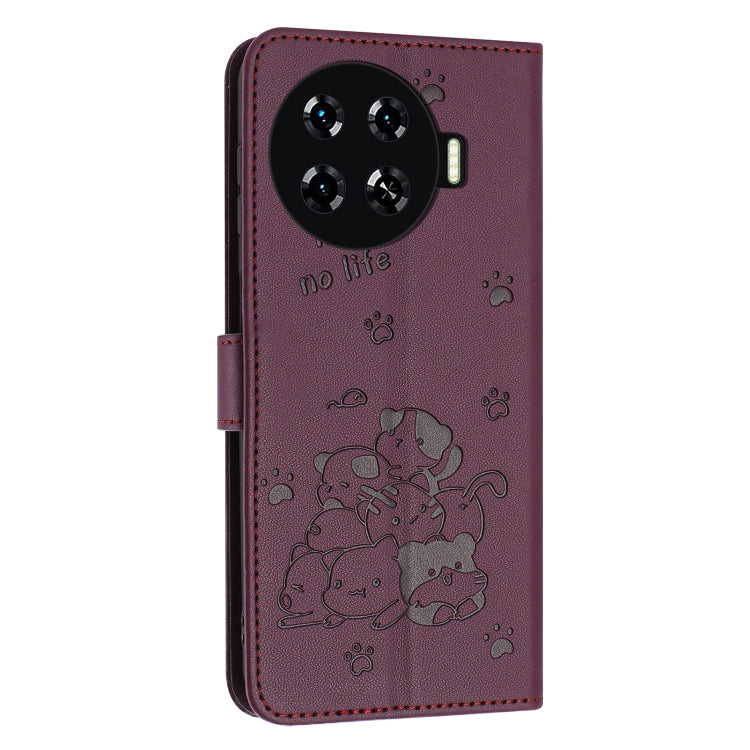 For Tecno Spark 20 Pro+ 4G Embossed Kitten Phone Leather Case with Lanyard