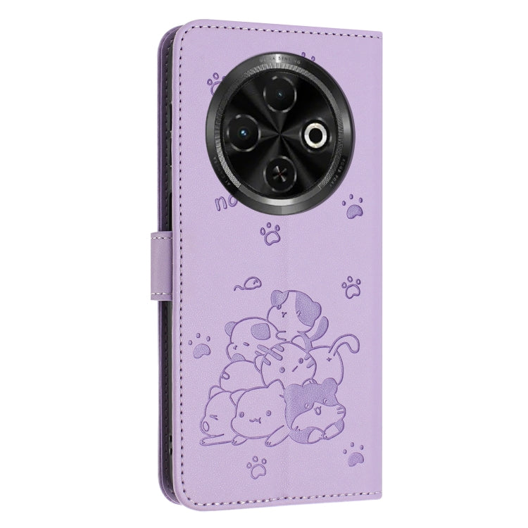 For Tecno Spark 30C Embossed Kitten Phone Leather Case with Lanyard