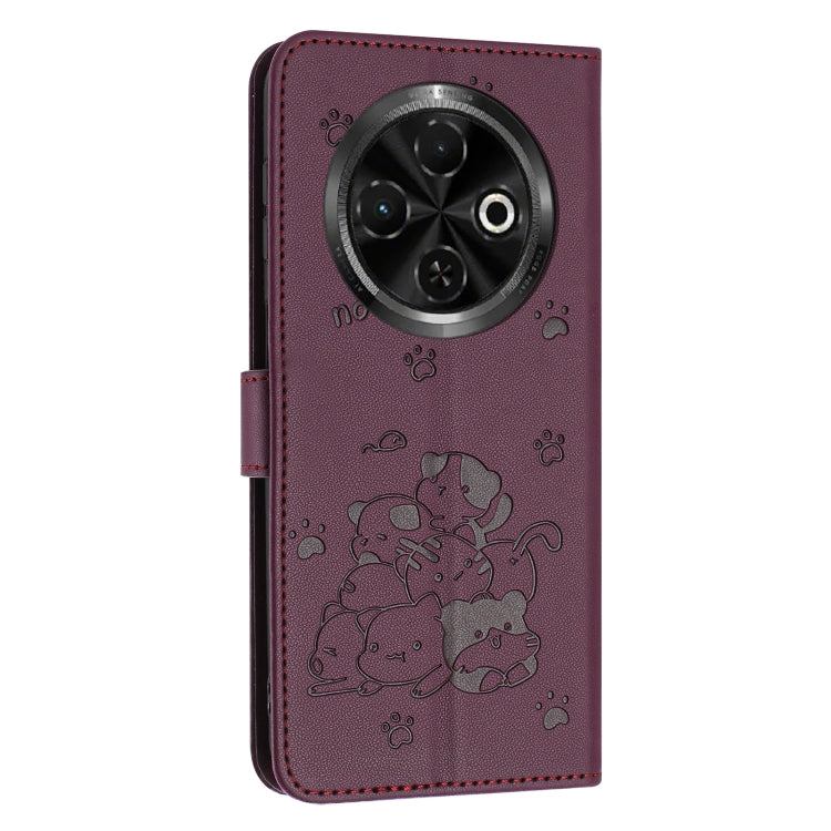 For Tecno Spark 30C Embossed Kitten Phone Leather Case with Lanyard