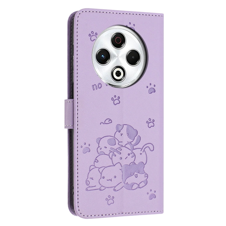 For Tecno Spark 30 4G Embossed Kitten Phone Leather Case with Lanyard