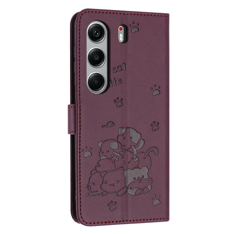 For Tecno Camon 40 4G Embossed Kitten Phone Leather Case with Lanyard