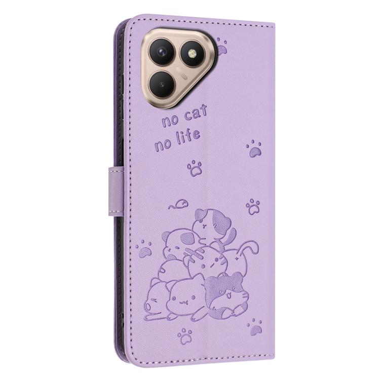 For Tecno Pova 7 4G Embossed Kitten Phone Leather Case with Lanyard
