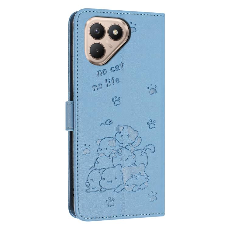 For Tecno Pova 7 4G Embossed Kitten Phone Leather Case with Lanyard