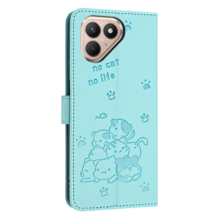 For Tecno Pova 7 4G Embossed Kitten Phone Leather Case with Lanyard