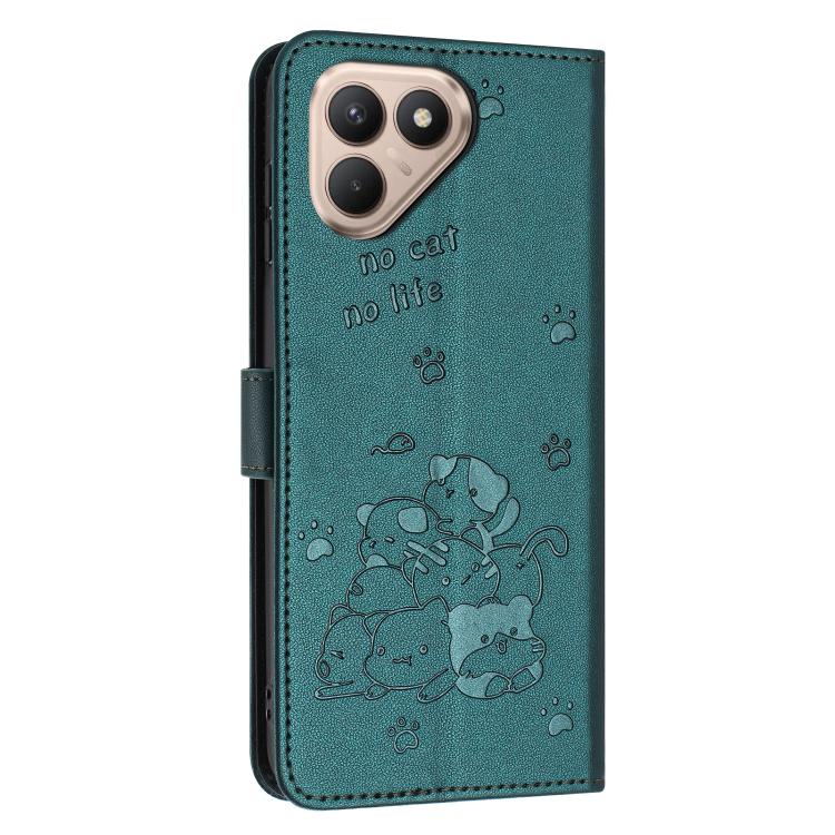 For Tecno Pova 7 4G Embossed Kitten Phone Leather Case with Lanyard