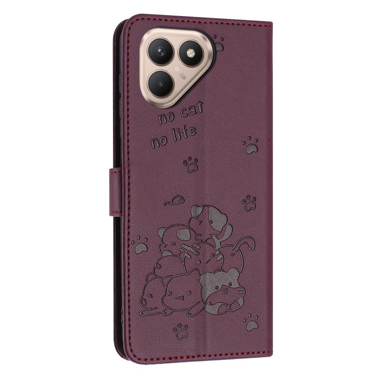 For Tecno Pova 7 4G Embossed Kitten Phone Leather Case with Lanyard