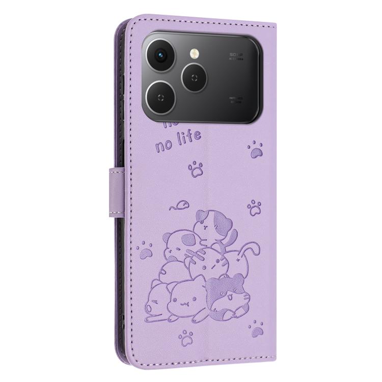 For Tecno Spark 40 4G Embossed Kitten Phone Leather Case with Lanyard