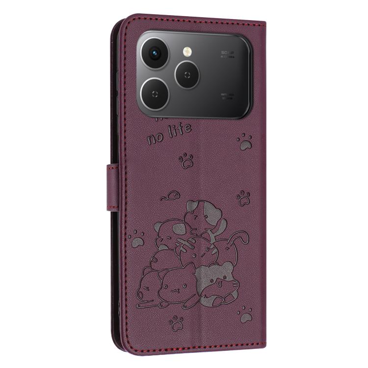For Tecno Spark 40 4G Embossed Kitten Phone Leather Case with Lanyard