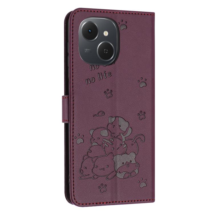 For Tecno Spark 40C Embossed Kitten Phone Leather Case with Lanyard