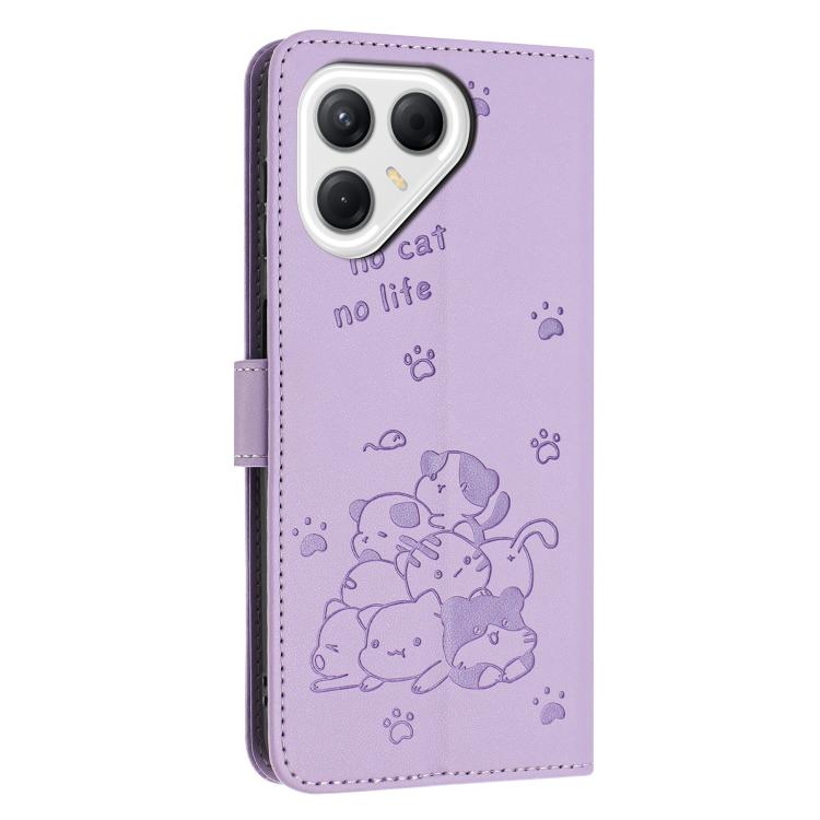 For Tecno Pova 7 5G Embossed Kitten Phone Leather Case with Lanyard