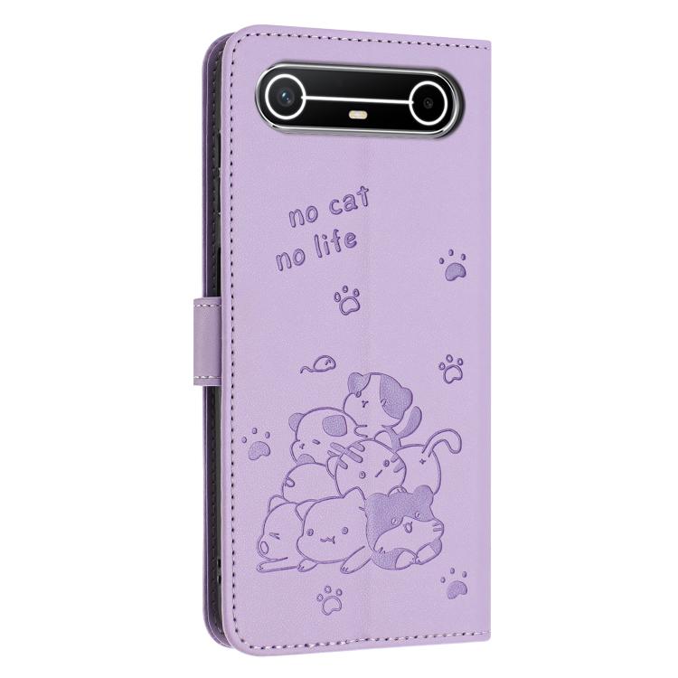 For Tecno Pova Slim Embossed Kitten Phone Leather Case with Lanyard