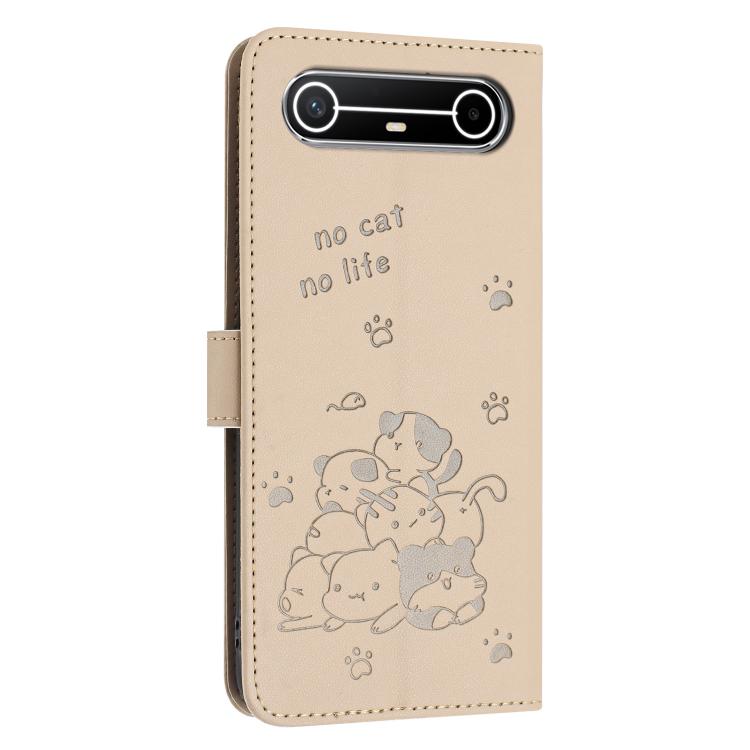 For Tecno Pova Slim Embossed Kitten Phone Leather Case with Lanyard