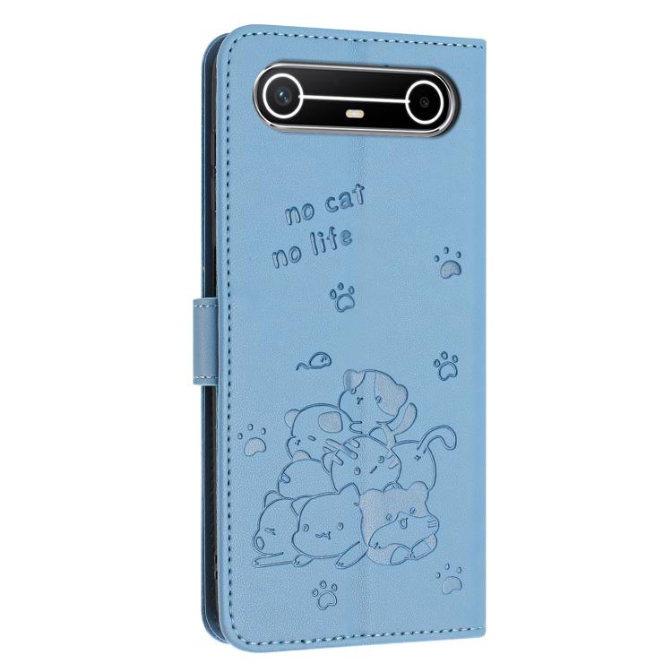 For Tecno Pova Slim Embossed Kitten Phone Leather Case with Lanyard