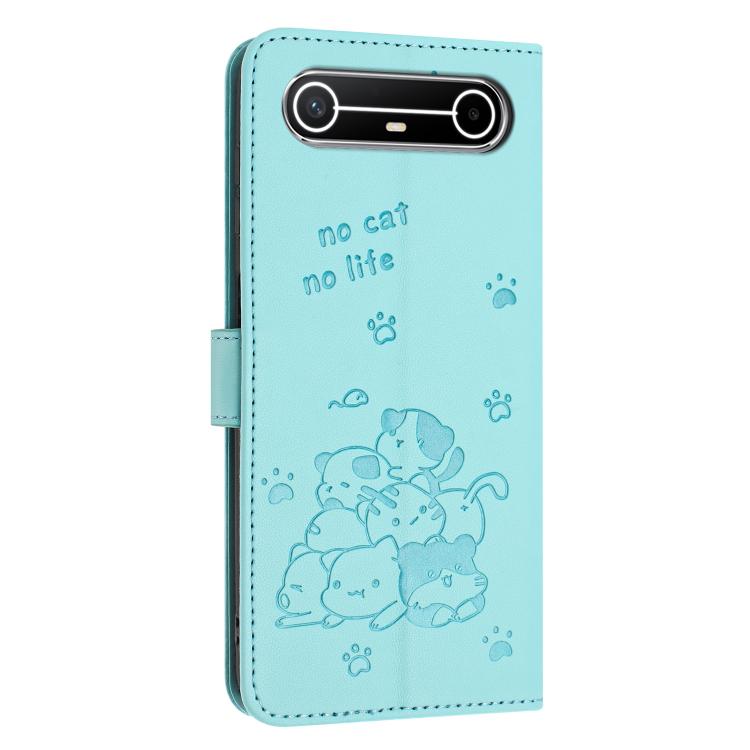 For Tecno Pova Slim Embossed Kitten Phone Leather Case with Lanyard