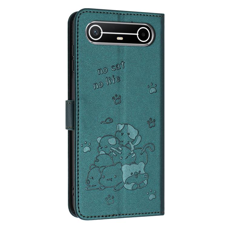 For Tecno Pova Slim Embossed Kitten Phone Leather Case with Lanyard