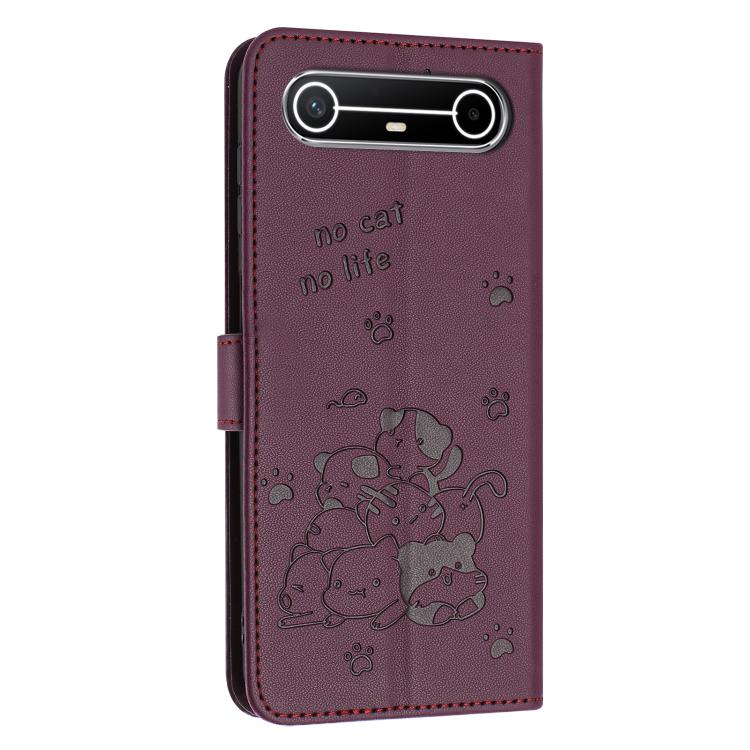 For Tecno Pova Slim Embossed Kitten Phone Leather Case with Lanyard