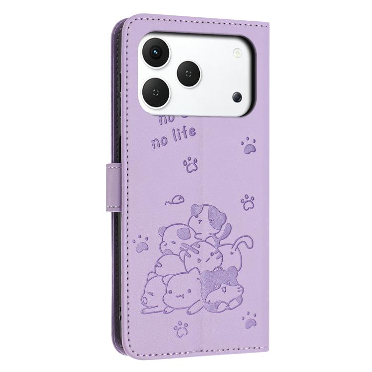 For Tecno Spark 50 4G Embossed Kitten Phone Leather Case with Lanyard