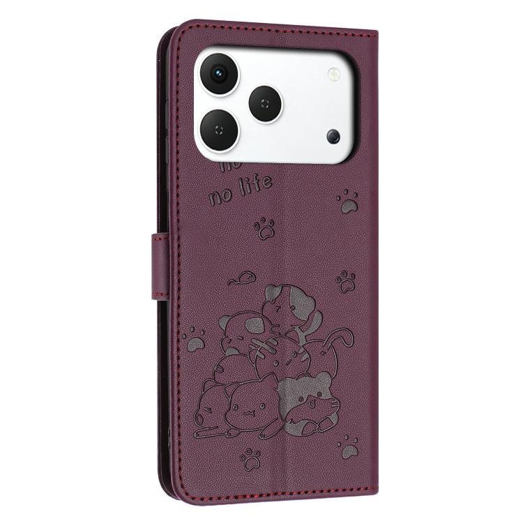 For Tecno Spark 50 4G Embossed Kitten Phone Leather Case with Lanyard