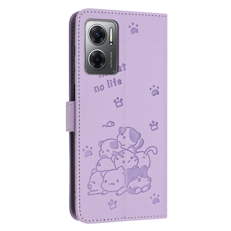 For Redmi 10 5G / Note 11E 5G Embossed Kitten Phone Leather Case with Lanyard