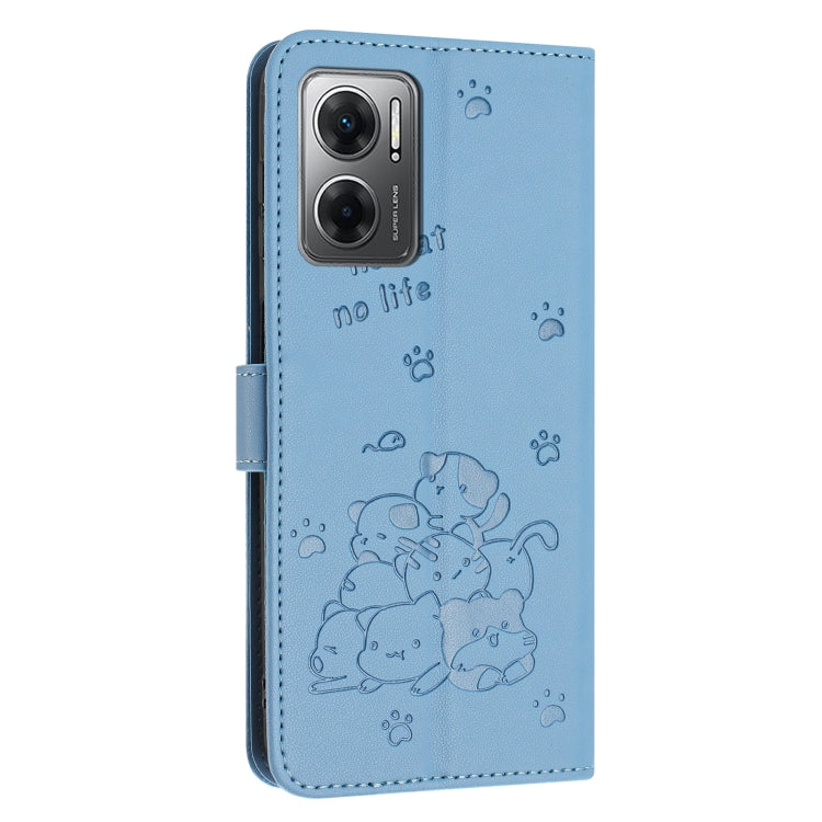 For Redmi 10 5G / Note 11E 5G Embossed Kitten Phone Leather Case with Lanyard