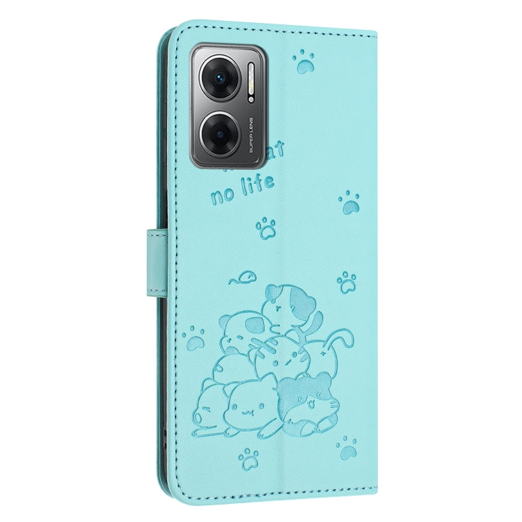 For Redmi 10 5G / Note 11E 5G Embossed Kitten Phone Leather Case with Lanyard