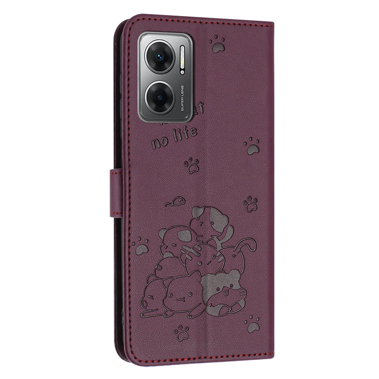 For Redmi 10 5G / Note 11E 5G Embossed Kitten Phone Leather Case with Lanyard