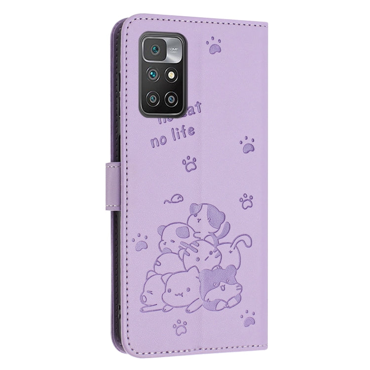 For Redmi 10 / 10 Prime Embossed Kitten Phone Leather Case with Lanyard