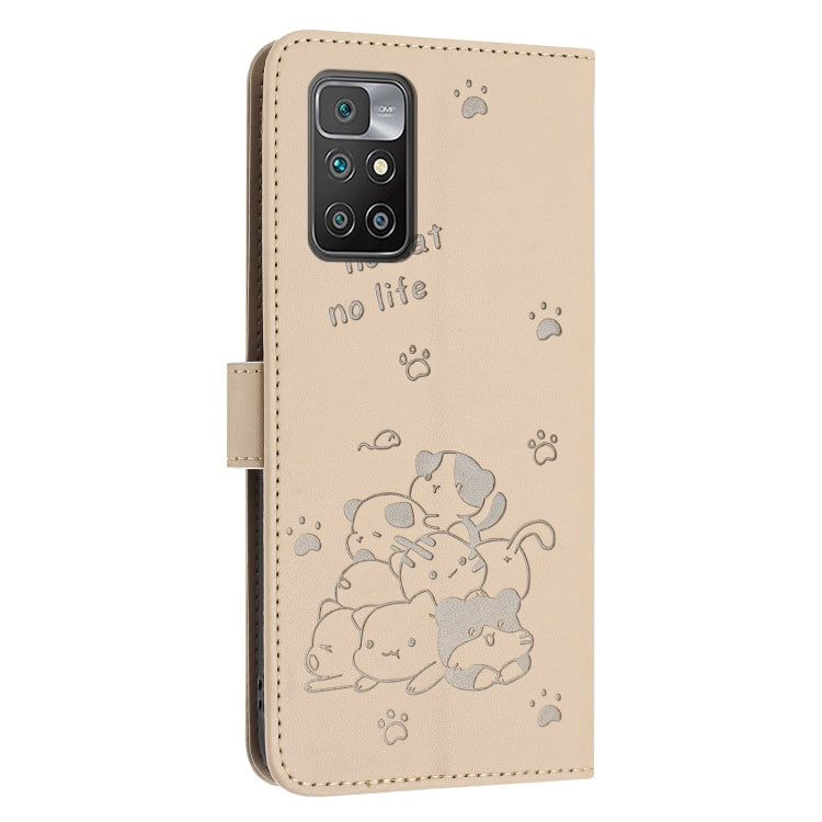 For Redmi 10 / 10 Prime Embossed Kitten Phone Leather Case with Lanyard