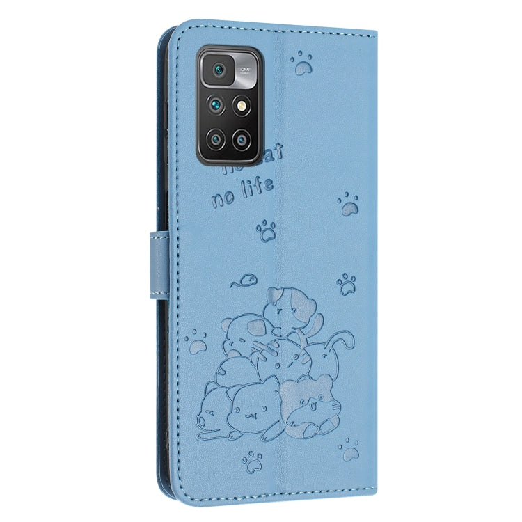 For Redmi 10 / 10 Prime Embossed Kitten Phone Leather Case with Lanyard