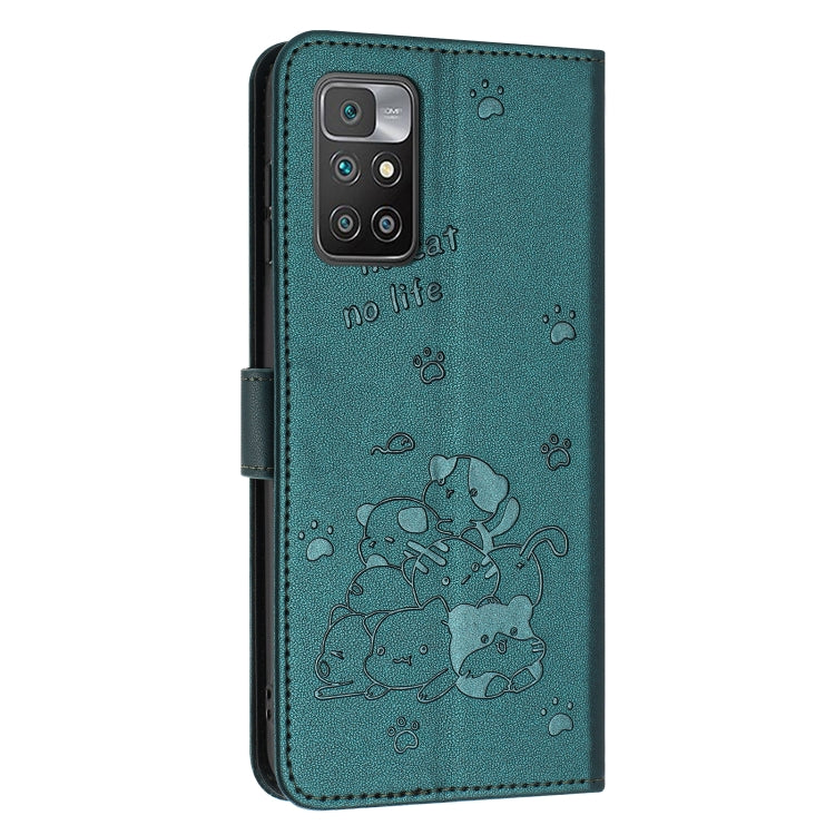 For Redmi 10 / 10 Prime Embossed Kitten Phone Leather Case with Lanyard